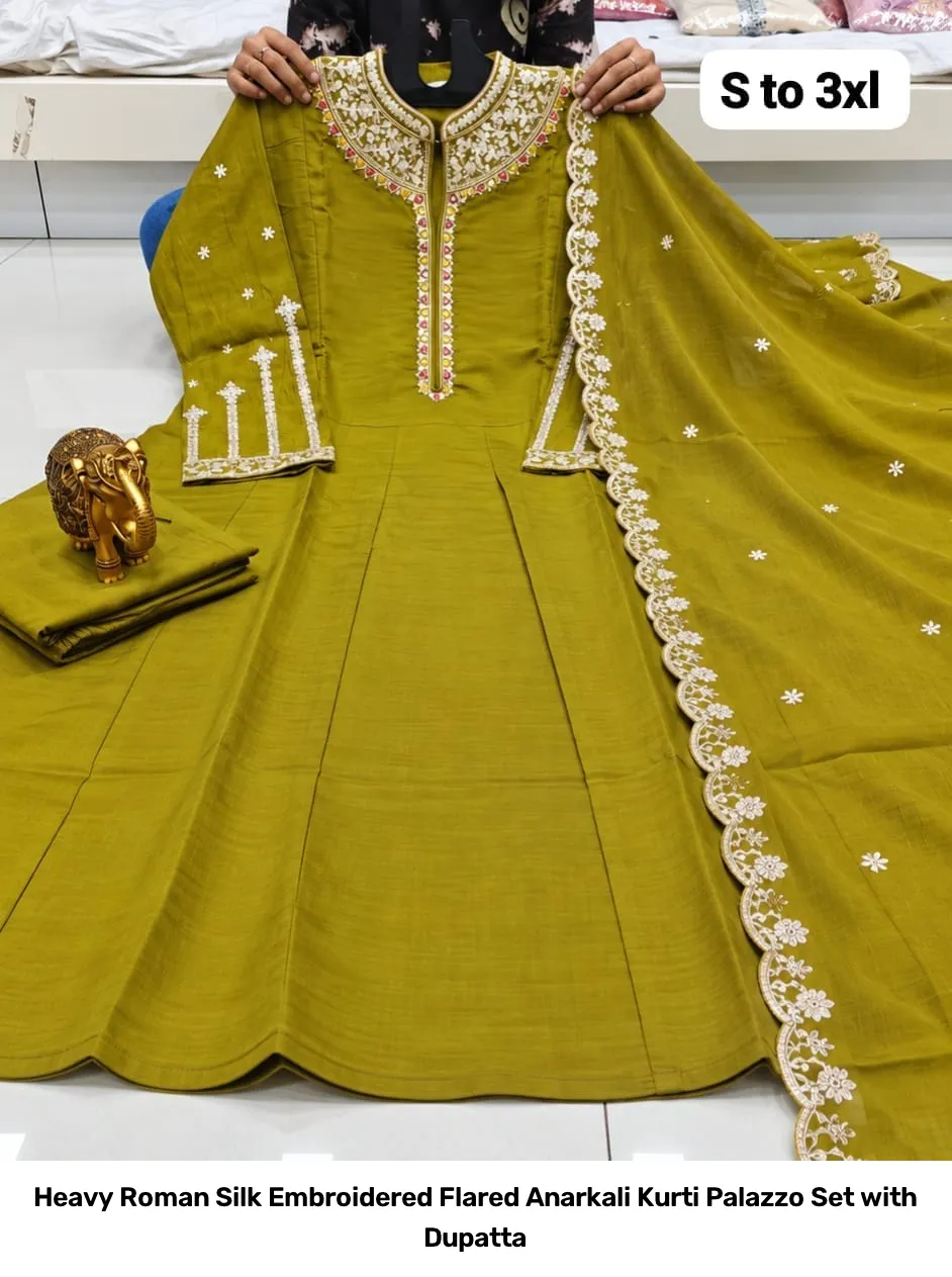 Heavy Roman Silk Embroidered Flared Anarkali Kurti Palazzo Set with Dupatta 9