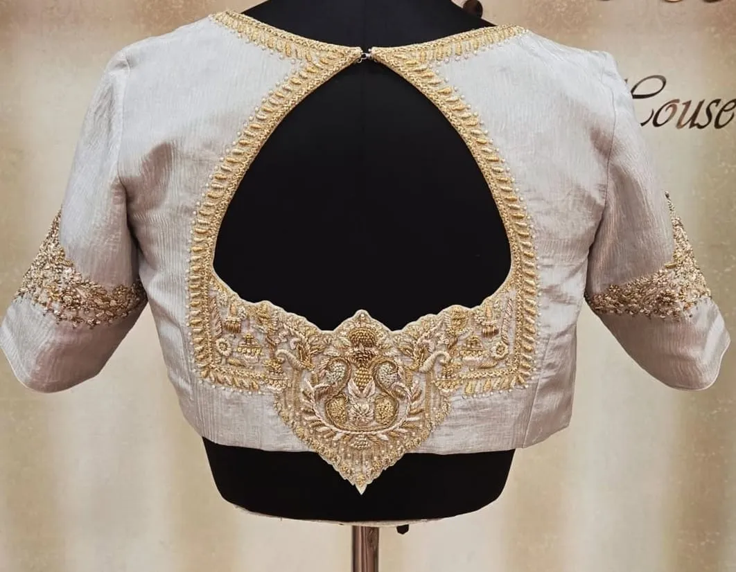 Heavy Zardozi Maggam Work Silver Silk Blouse | Readymade Wedding Blouse Online