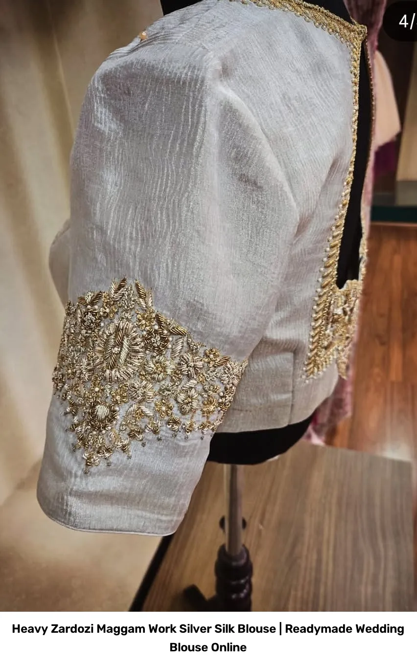 Heavy Zardozi Maggam Work Silver Silk Blouse | Readymade Wedding Blouse Online 3