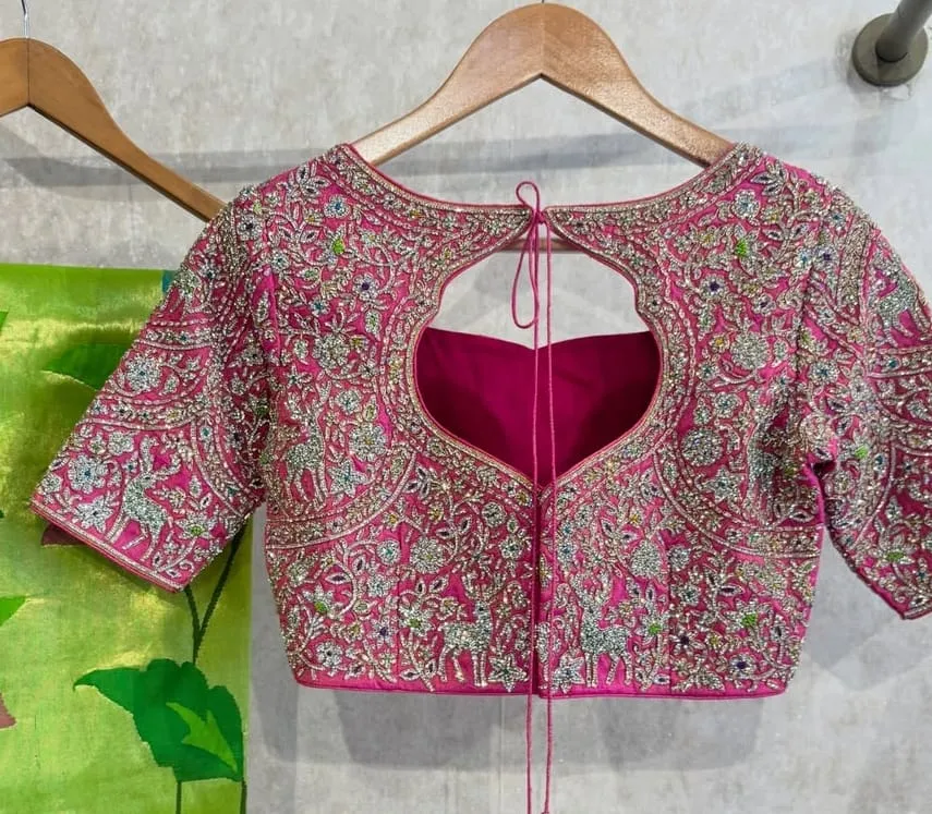 Hot Pink All-Over Stone Work Bridal Blouse | Hand Embroidered Floral & Deer Jaal Choli