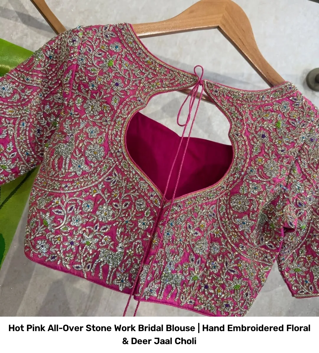 Hot Pink All-Over Stone Work Bridal Blouse | Hand Embroidered Floral & Deer Jaal Choli 2