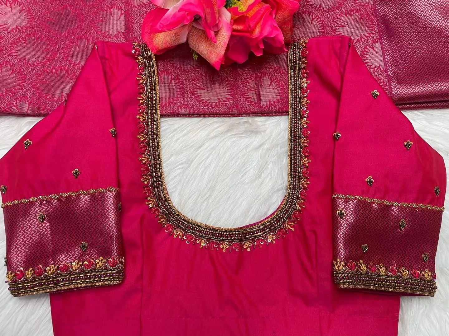 Hot Pink Bridal Aari Work Blouse | Handcrafted Maggam Work Brocade Border Silk Blouse for Pattu Sarees