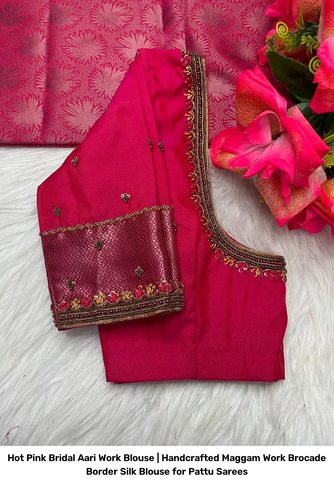 Hot Pink Bridal Aari Work Blouse | Handcrafted Maggam Work Brocade Border Silk Blouse for Pattu Sarees 2