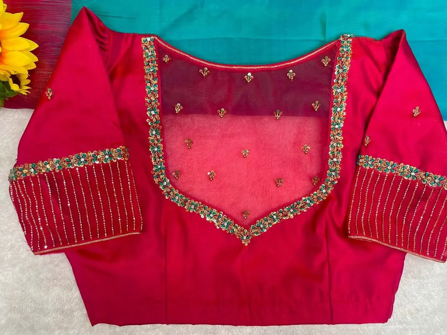 Hot Pink Bridal Silk Blouse | Hand Embroidered Deep V Illusion Net Back & Linear Bead Sleeves