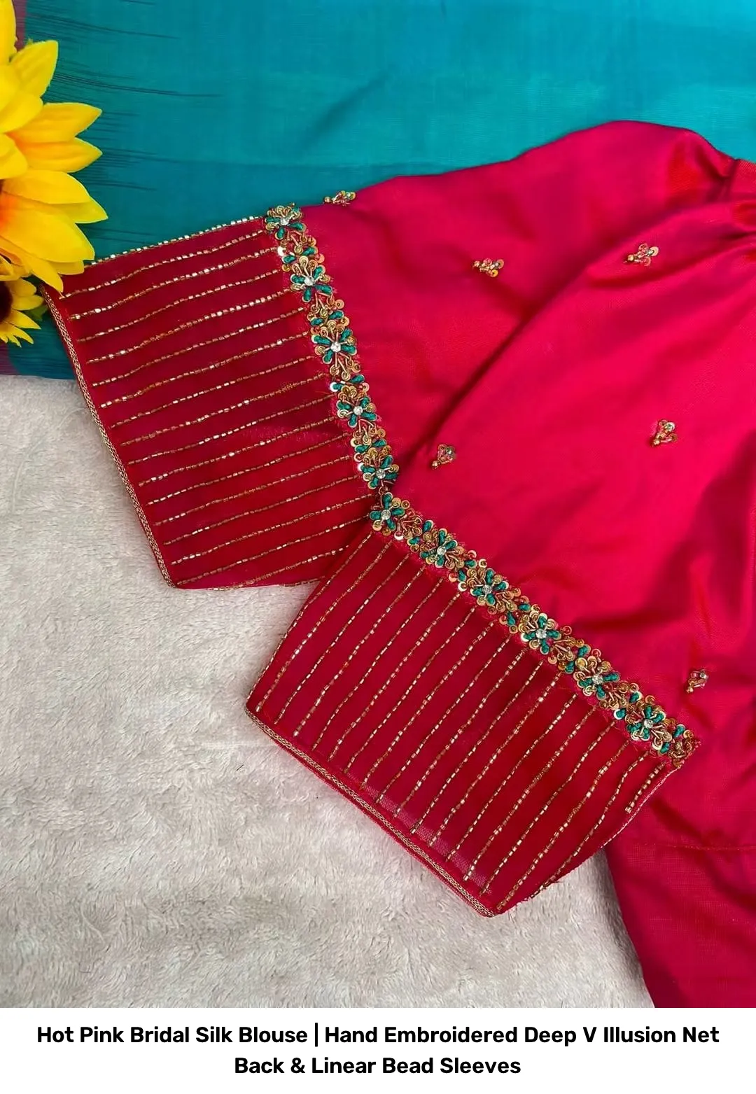Hot Pink Bridal Silk Blouse | Hand Embroidered Deep V Illusion Net Back & Linear Bead Sleeves 2