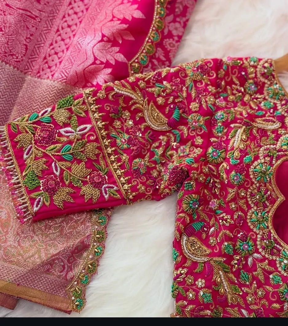 Hot Pink Hand Embroidered Silk Saree Blouse – Scallop Cutout Back Maggam Work Choli, Bridal Peacock Motif Wedding Top