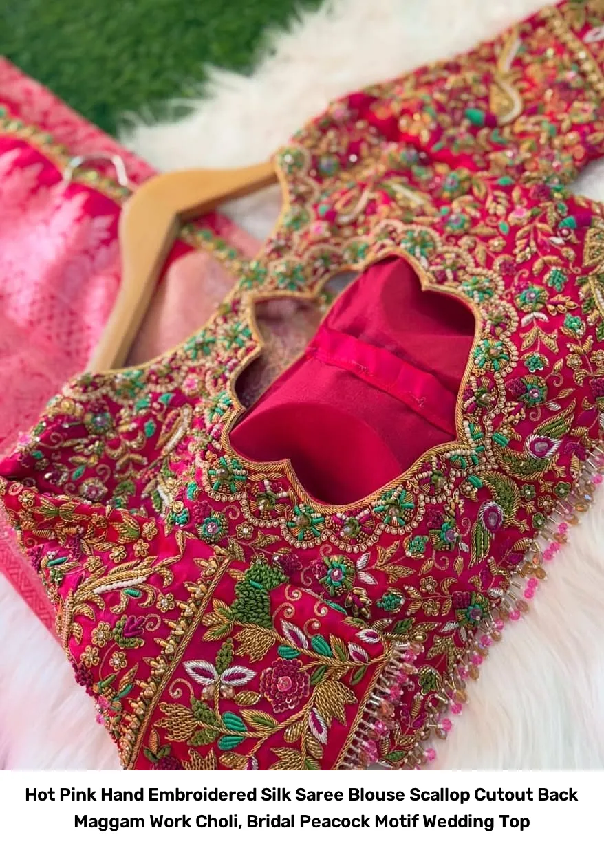 Hot Pink Hand Embroidered Silk Saree Blouse – Scallop Cutout Back Maggam Work Choli, Bridal Peacock Motif Wedding Top 2