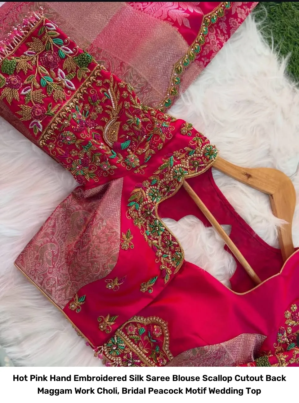 Hot Pink Hand Embroidered Silk Saree Blouse – Scallop Cutout Back Maggam Work Choli, Bridal Peacock Motif Wedding Top 3