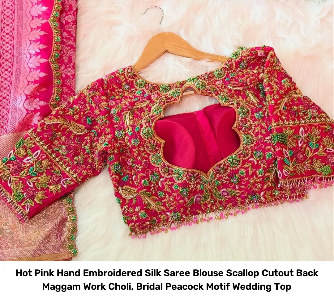 Hot Pink Hand Embroidered Silk Saree Blouse – Scallop Cutout Back Maggam Work Choli, Bridal Peacock Motif Wedding Top 4