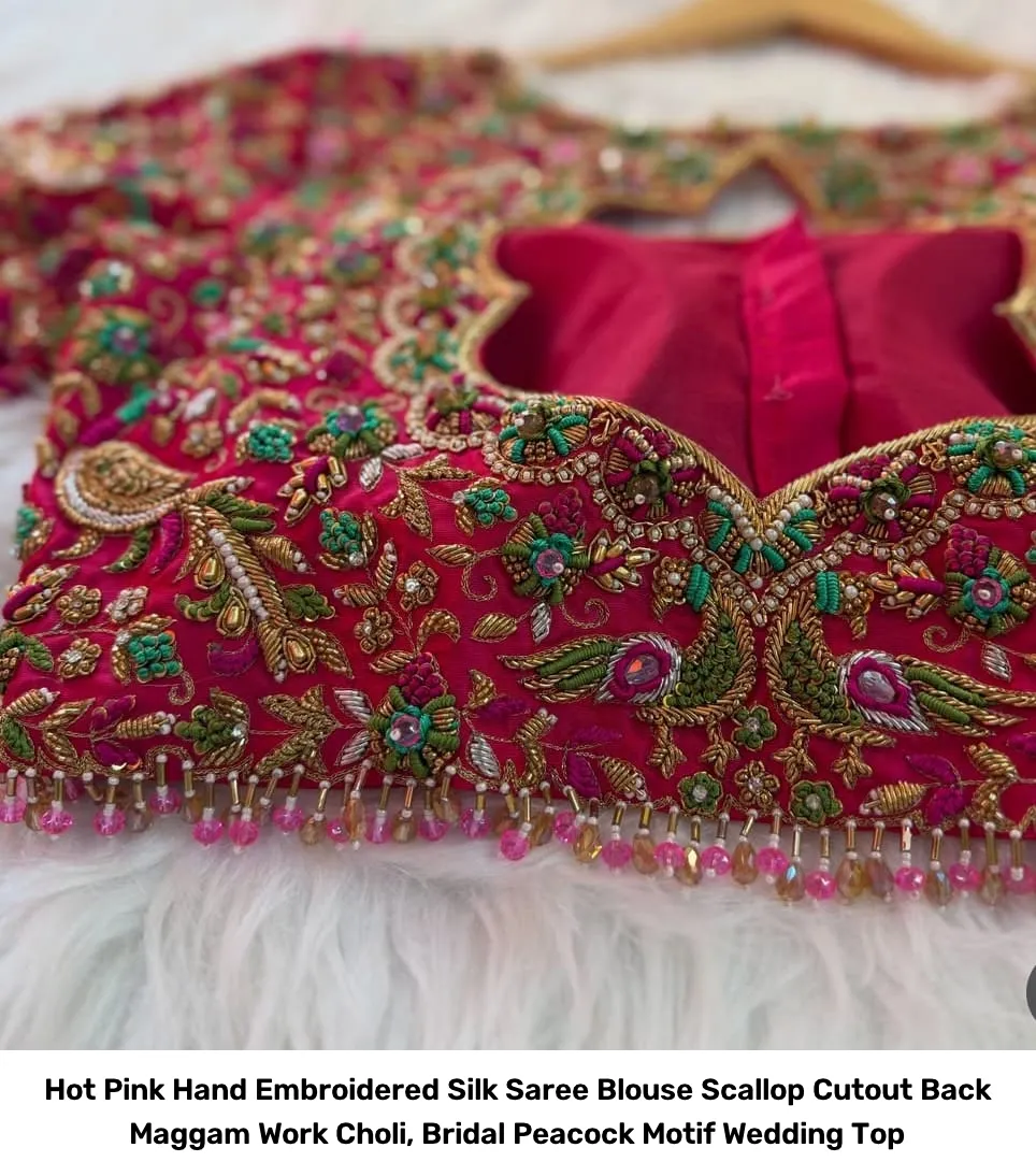 Hot Pink Hand Embroidered Silk Saree Blouse – Scallop Cutout Back Maggam Work Choli, Bridal Peacock Motif Wedding Top 5