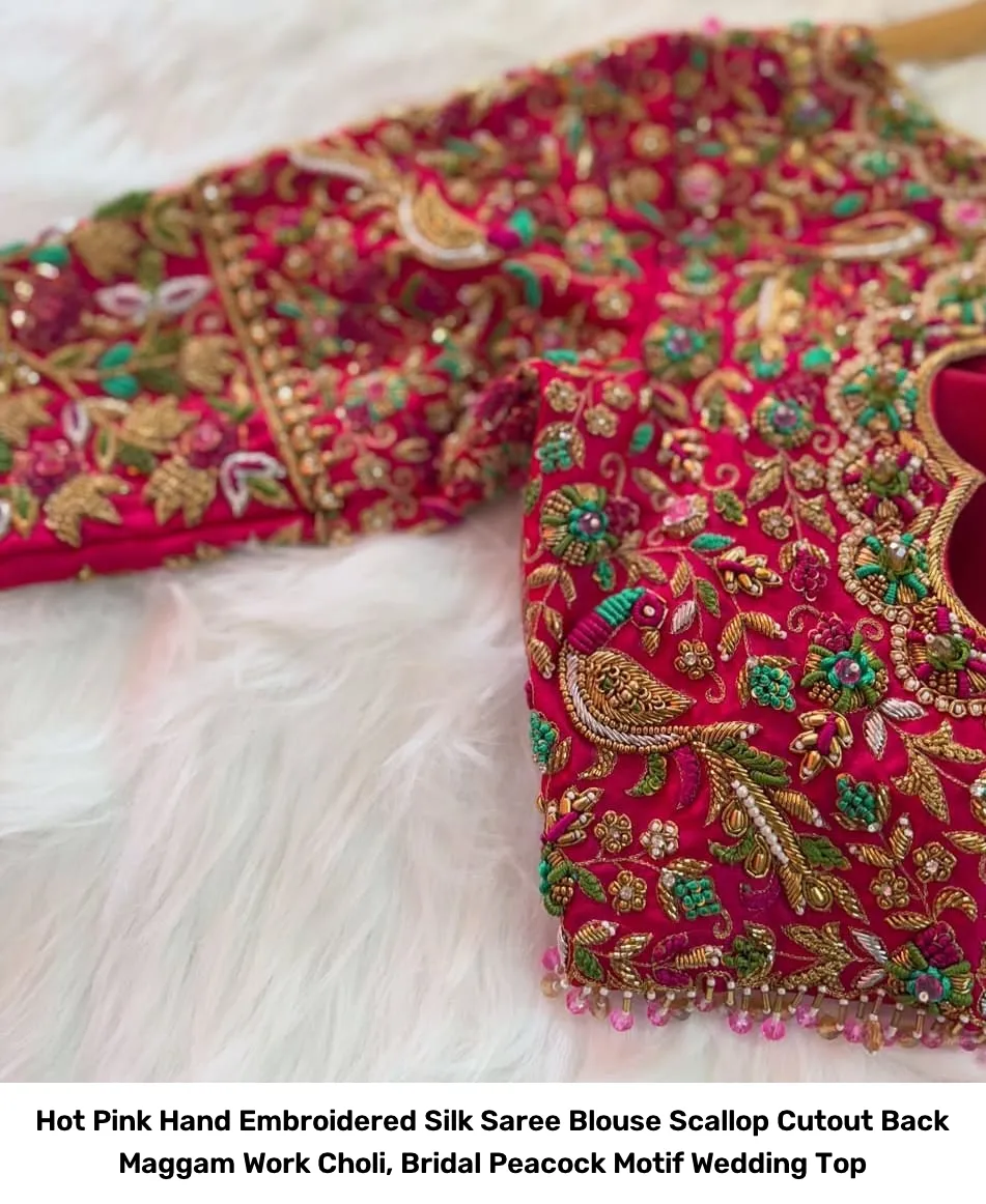 Hot Pink Hand Embroidered Silk Saree Blouse – Scallop Cutout Back Maggam Work Choli, Bridal Peacock Motif Wedding Top 6