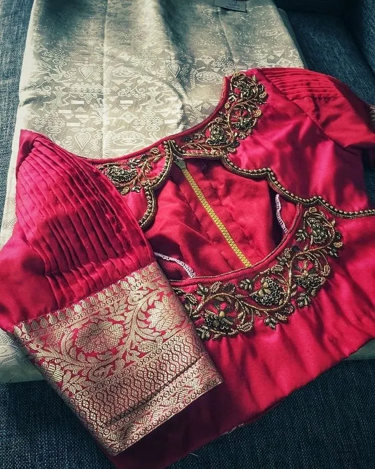 Hot Pink Maggam Work Silk Saree Blouse | Scallop Cut-Out Back Neck & Pleated Puff Sleeves Bridal Blouse 1