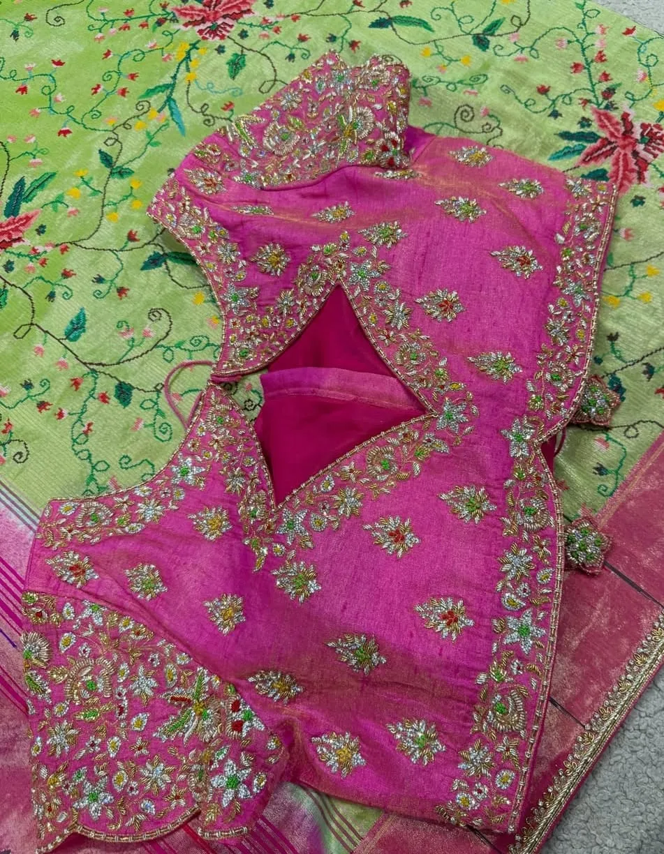 Hot Pink Raw Silk Aari Work Blouse with All-Over Floral Booti