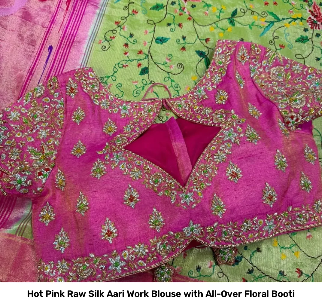 Hot Pink Raw Silk Aari Work Blouse with All-Over Floral Booti 2
