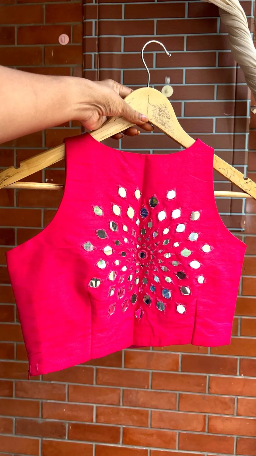 Hot Pink Raw Silk Blouse with Handcrafted Mirror Work | Sunburst Back Neck Sleeveless Saree Blouse