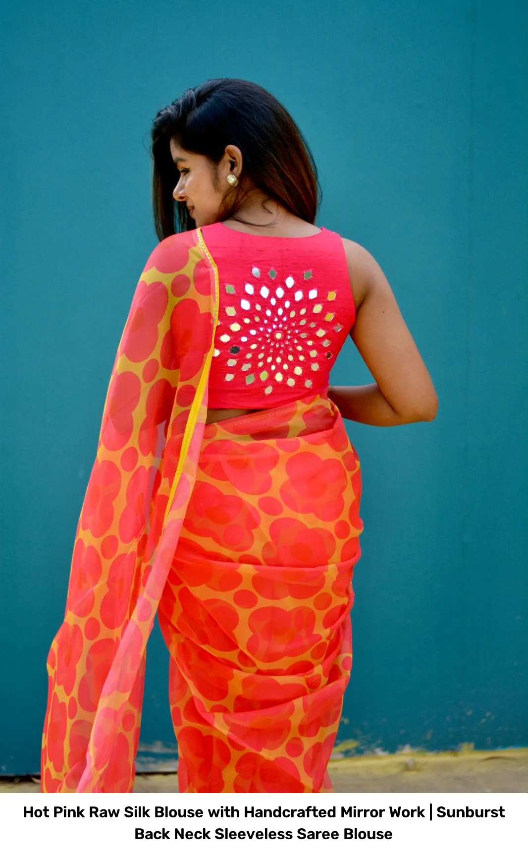 Hot Pink Raw Silk Blouse with Handcrafted Mirror Work | Sunburst Back Neck Sleeveless Saree Blouse 2