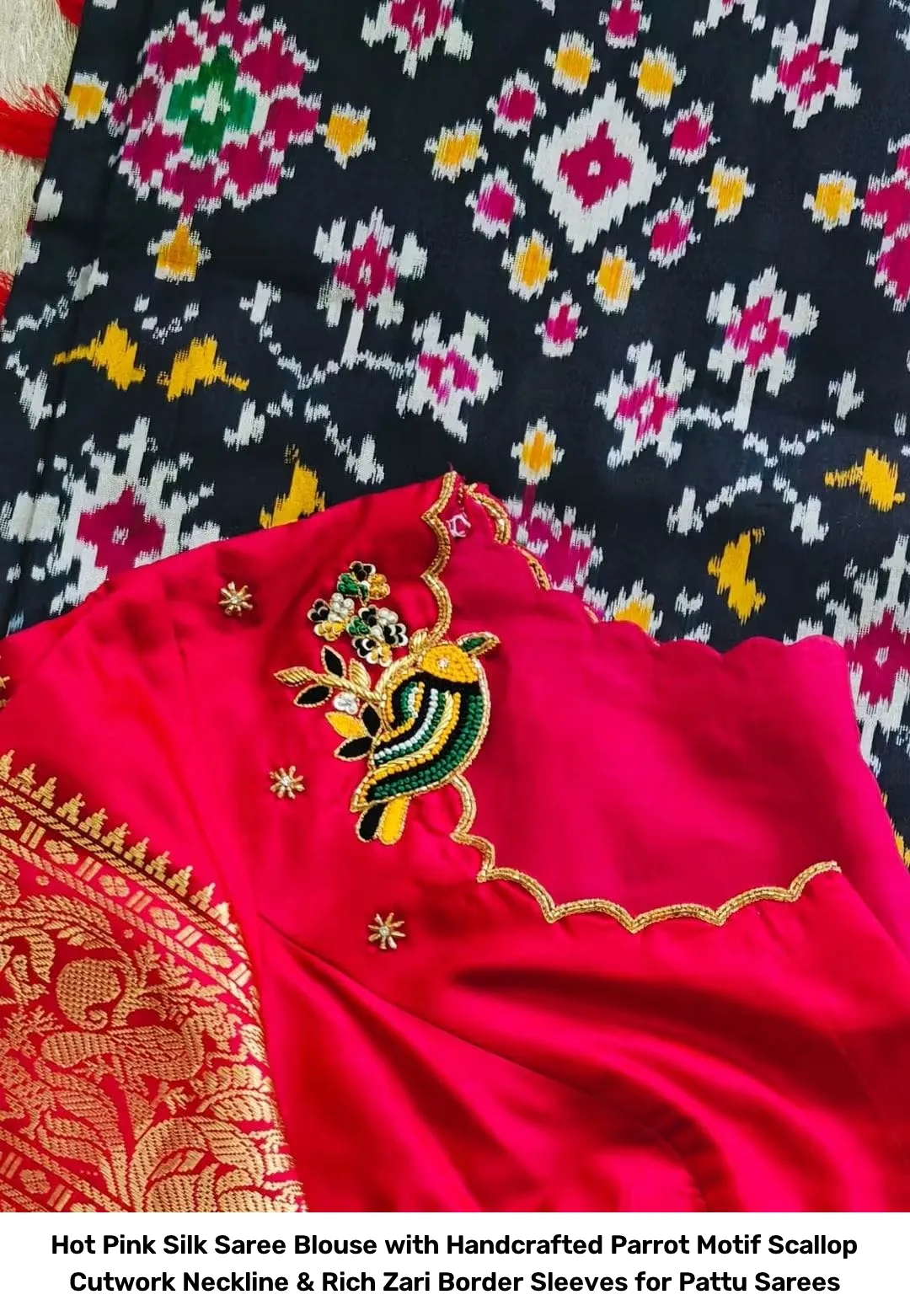 Hot Pink Silk Saree Blouse with Handcrafted Parrot Motif – Scallop Cutwork Neckline & Rich Zari Border Sleeves for Pattu Sarees 2