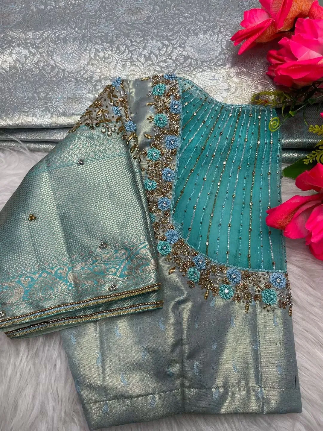 Ice Blue Sheer Net Bridal Blouse Piece