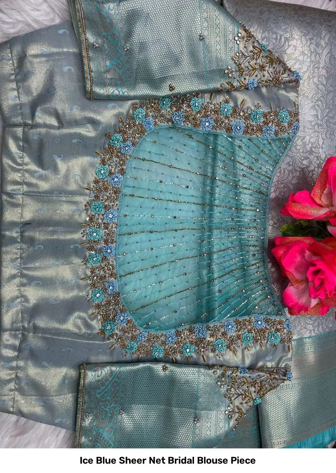 Ice Blue Sheer Net Bridal Blouse Piece 2