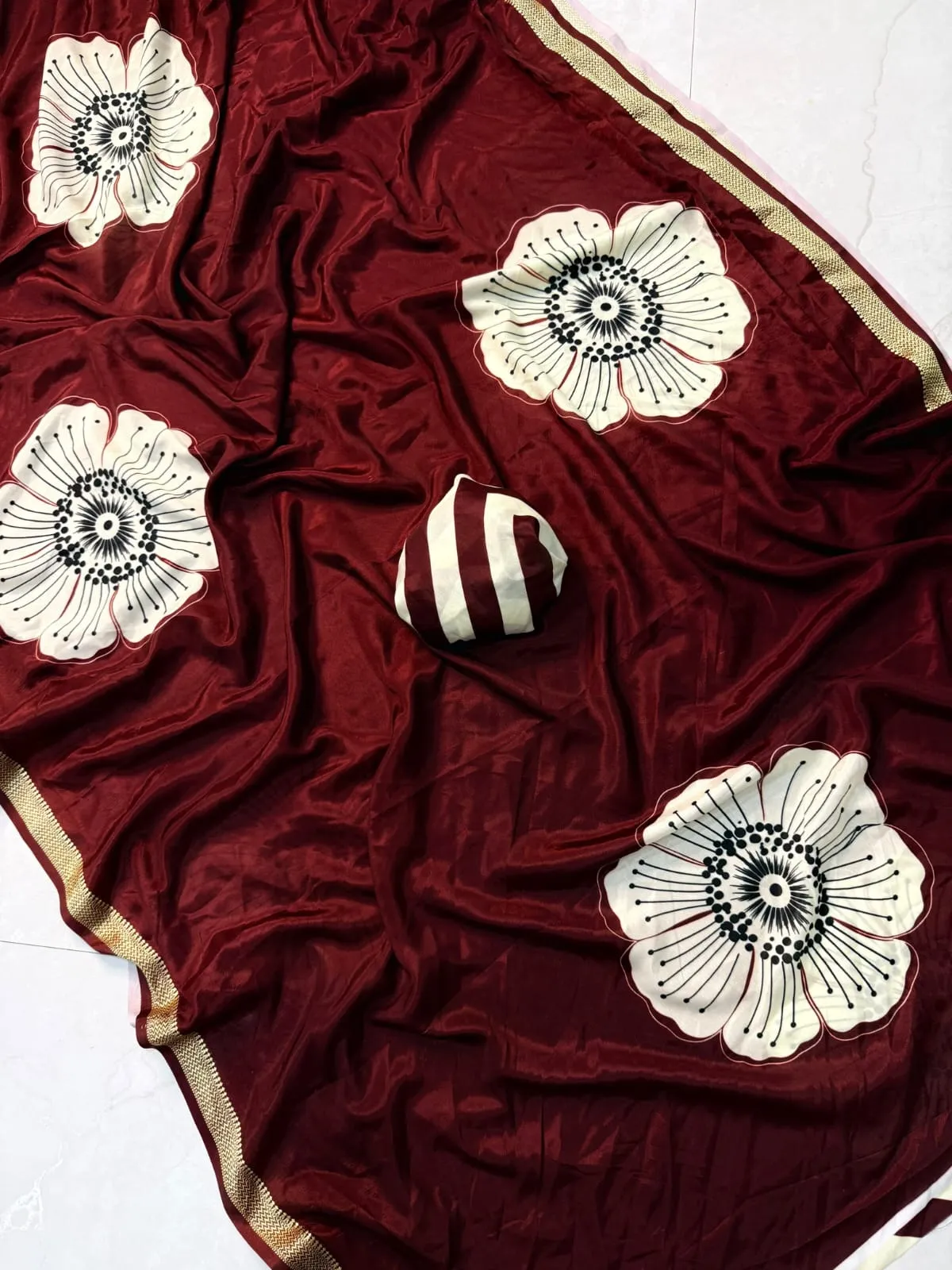 Imported Italian Silk Saree – Big Floral Art Concept Print with Woven Gold Zari Border & Striped Designer Blouse