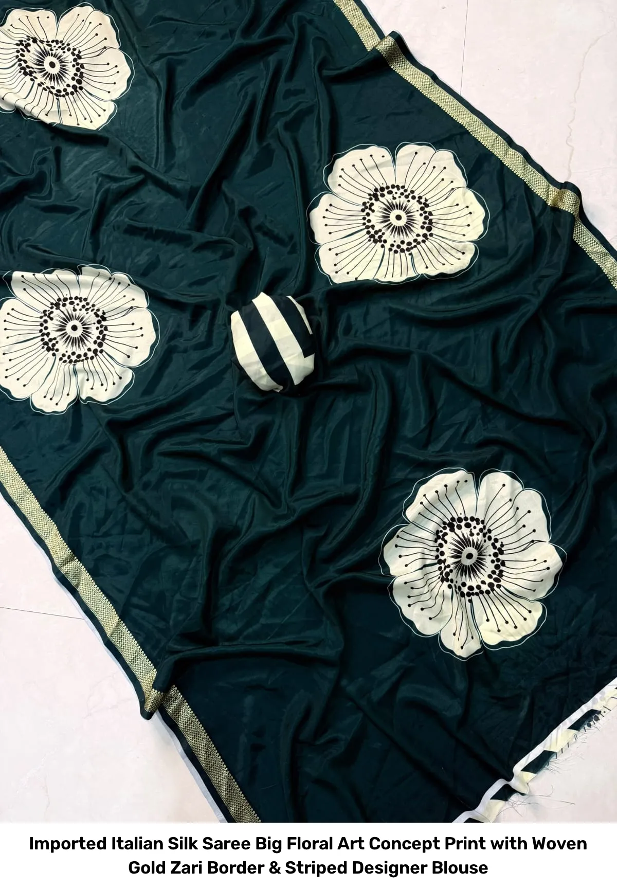 Imported Italian Silk Saree – Big Floral Art Concept Print with Woven Gold Zari Border & Striped Designer Blouse 2