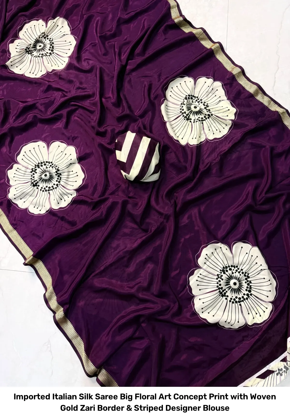 Imported Italian Silk Saree – Big Floral Art Concept Print with Woven Gold Zari Border & Striped Designer Blouse 3