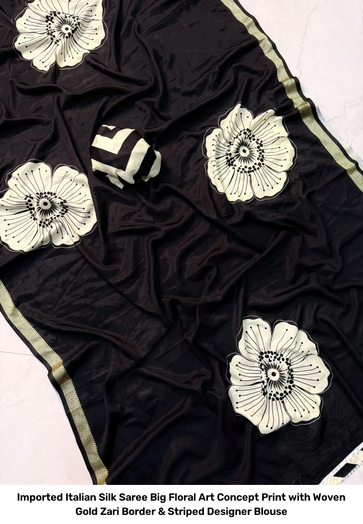 Imported Italian Silk Saree – Big Floral Art Concept Print with Woven Gold Zari Border & Striped Designer Blouse 4