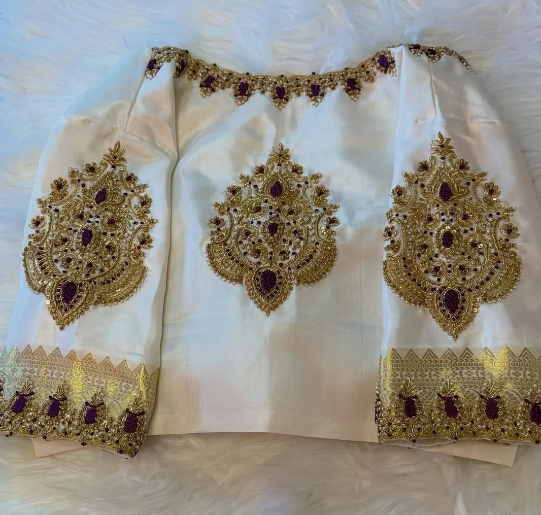 Ivory Silk Saree Blouse with Gold Zari Panel – Hand Embroidered Bridal Aari Work Choli, Purple Motif Designer Wedding Top