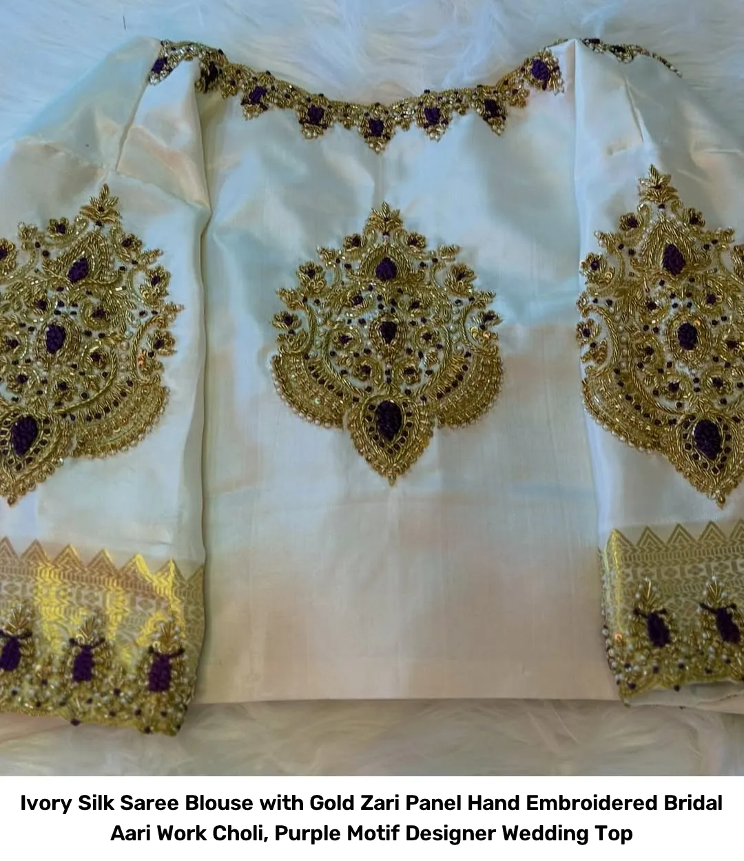 Ivory Silk Saree Blouse with Gold Zari Panel – Hand Embroidered Bridal Aari Work Choli, Purple Motif Designer Wedding Top 3