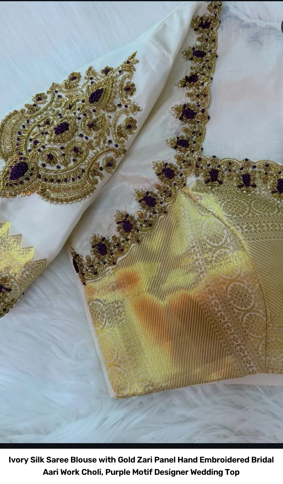 Ivory Silk Saree Blouse with Gold Zari Panel – Hand Embroidered Bridal Aari Work Choli, Purple Motif Designer Wedding Top 4