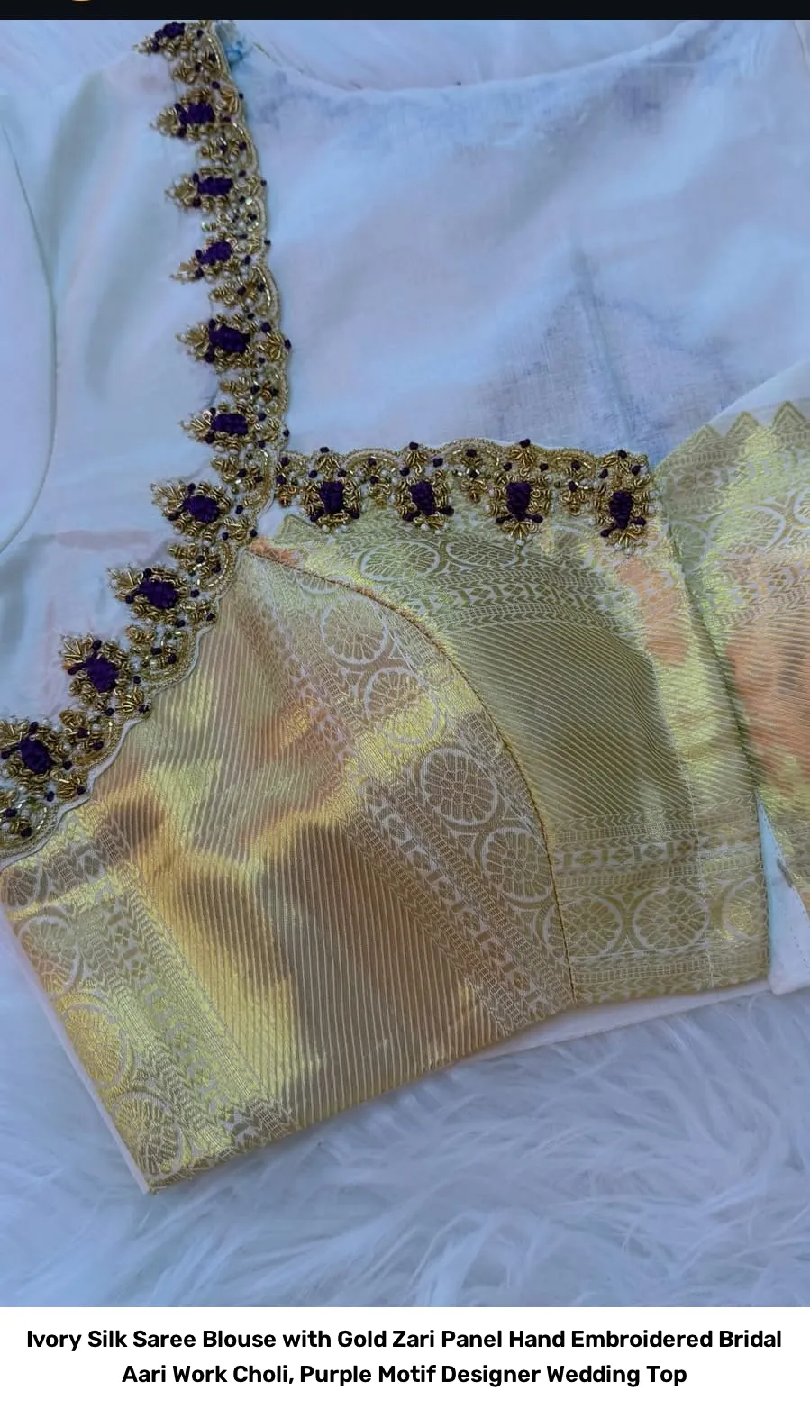 Ivory Silk Saree Blouse with Gold Zari Panel – Hand Embroidered Bridal Aari Work Choli, Purple Motif Designer Wedding Top 5