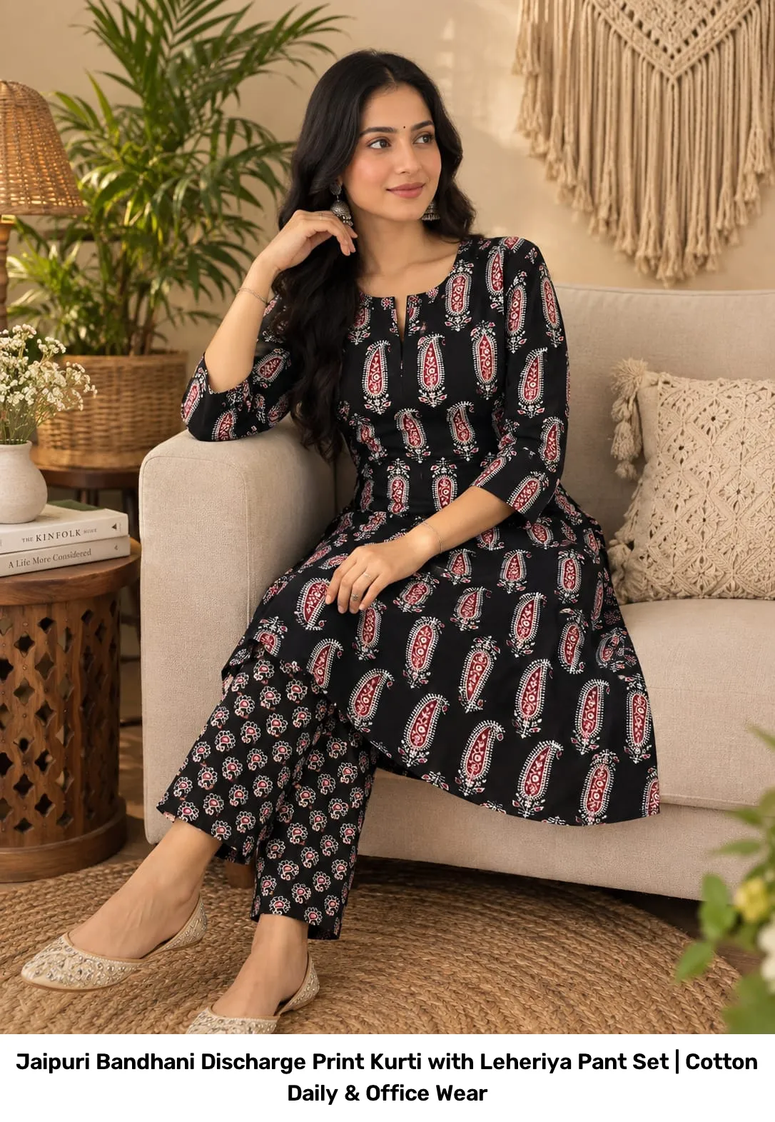 Jaipuri Bandhani Discharge Print Kurti with Leheriya Pant Set | Cotton Daily & Office Wear 10