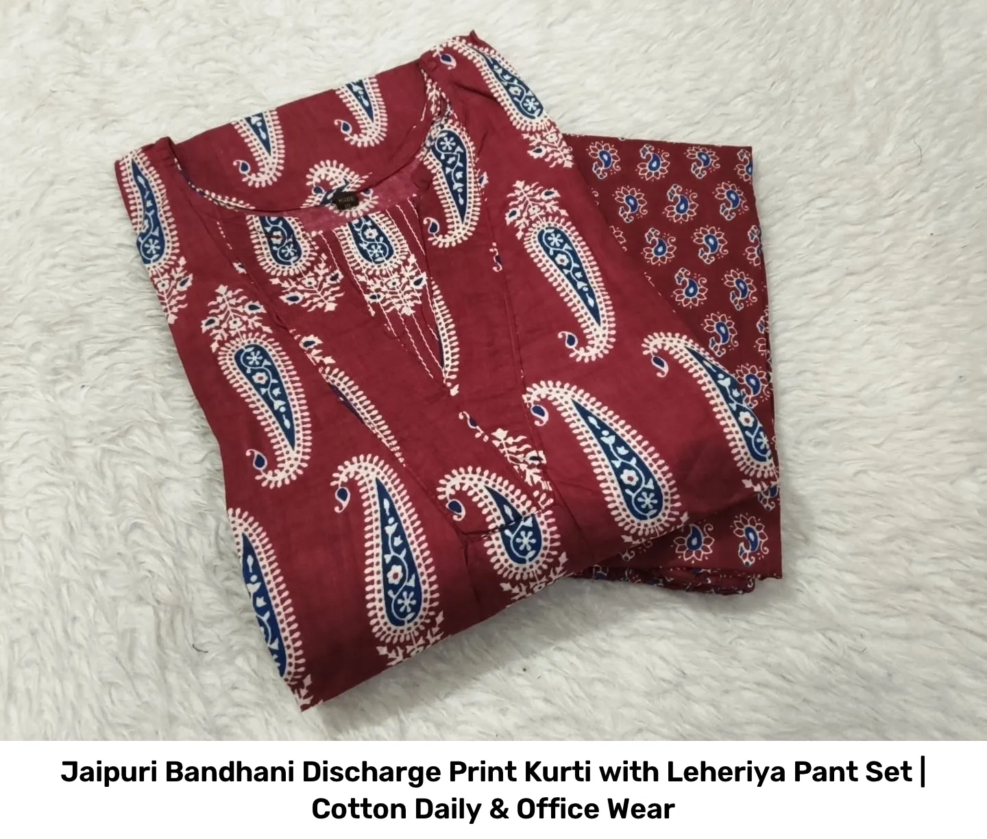 Jaipuri Bandhani Discharge Print Kurti with Leheriya Pant Set | Cotton Daily & Office Wear 13