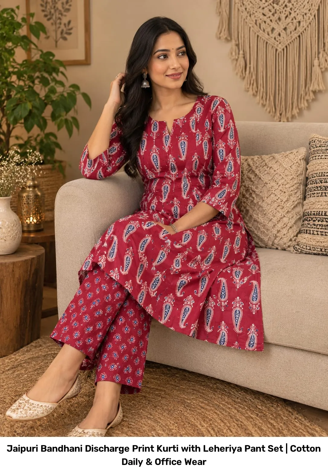 Jaipuri Bandhani Discharge Print Kurti with Leheriya Pant Set | Cotton Daily & Office Wear 3