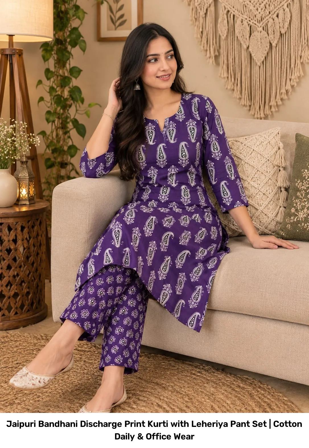 Jaipuri Bandhani Discharge Print Kurti with Leheriya Pant Set | Cotton Daily & Office Wear 5