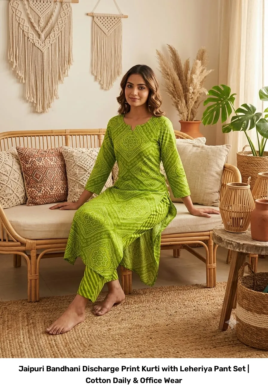Jaipuri Bandhani Discharge Print Kurti with Leheriya Pant Set | Cotton Daily & Office Wear 6