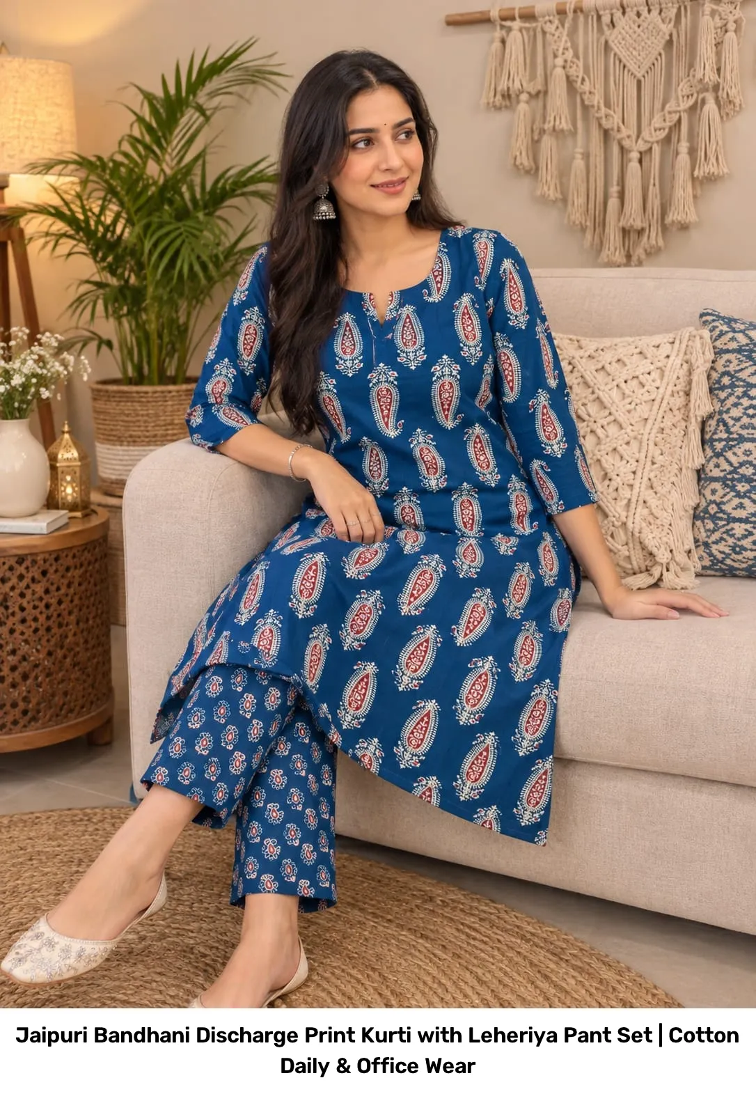 Jaipuri Bandhani Discharge Print Kurti with Leheriya Pant Set | Cotton Daily & Office Wear 8