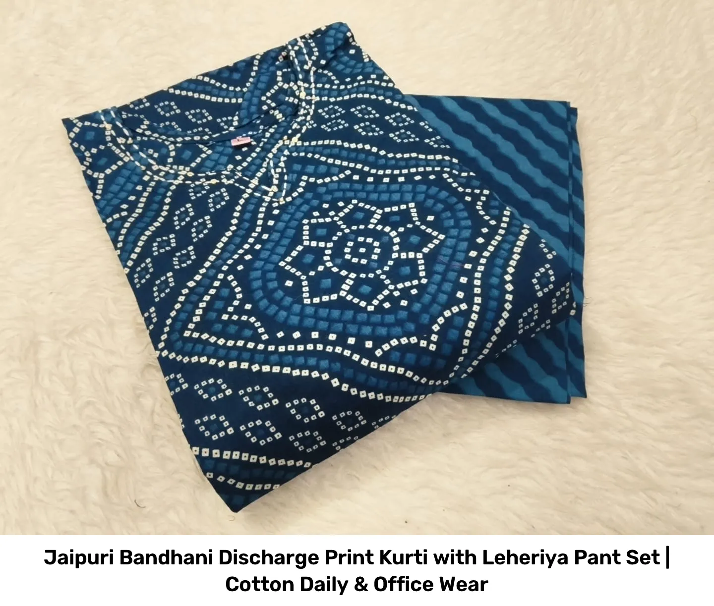 Jaipuri Bandhani Discharge Print Kurti with Leheriya Pant Set | Cotton Daily & Office Wear 9