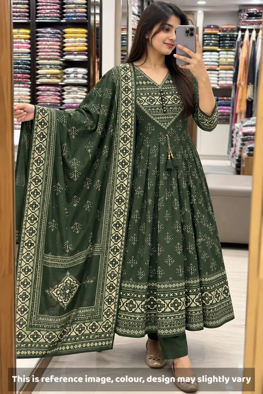 Jaipuri Bandhani & Geometric Print Mulmul Cotton Anarkali Suit Set with Embroidered Yoke & Potli Buttons