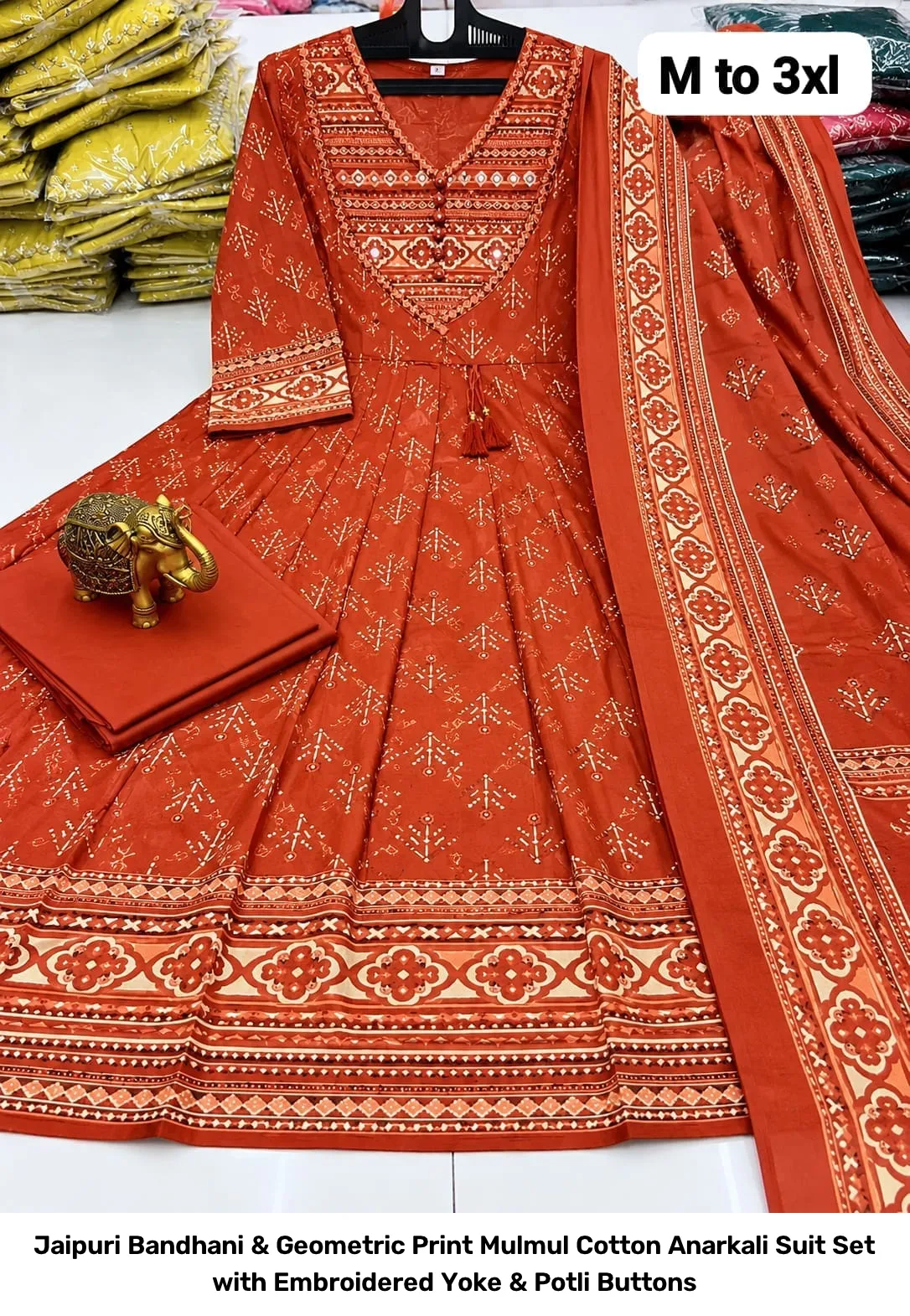 Jaipuri Bandhani & Geometric Print Mulmul Cotton Anarkali Suit Set with Embroidered Yoke & Potli Buttons 2