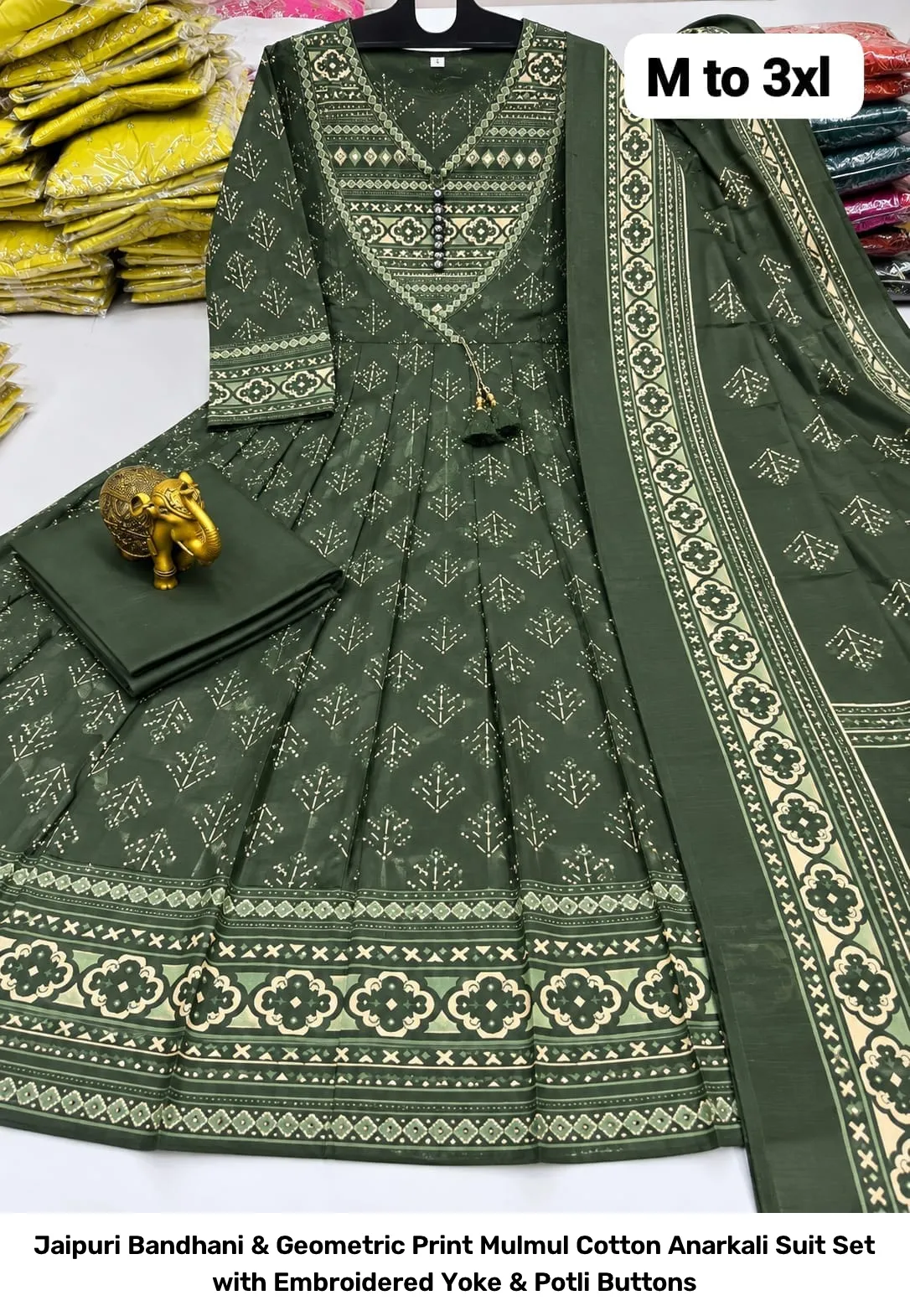 Jaipuri Bandhani & Geometric Print Mulmul Cotton Anarkali Suit Set with Embroidered Yoke & Potli Buttons 3