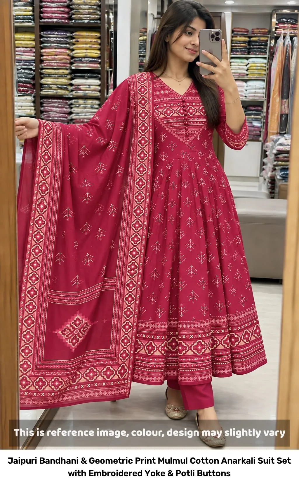 Jaipuri Bandhani & Geometric Print Mulmul Cotton Anarkali Suit Set with Embroidered Yoke & Potli Buttons 4
