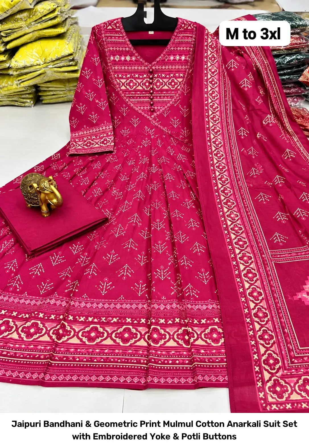 Jaipuri Bandhani & Geometric Print Mulmul Cotton Anarkali Suit Set with Embroidered Yoke & Potli Buttons 5