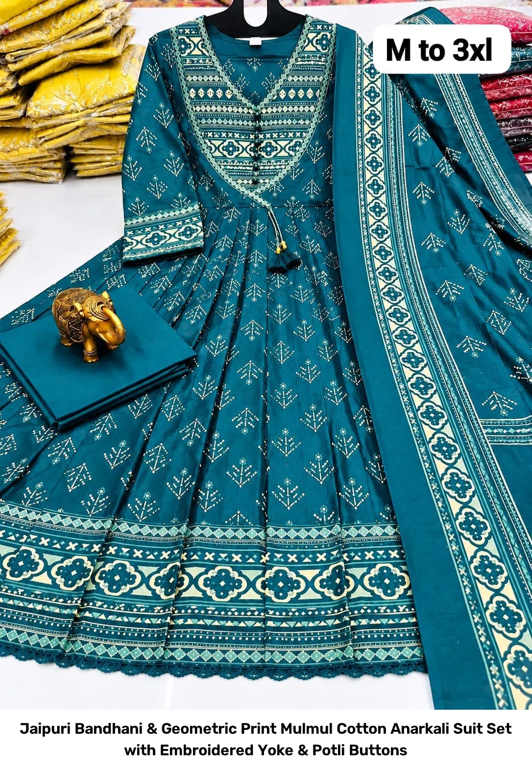 Jaipuri Bandhani & Geometric Print Mulmul Cotton Anarkali Suit Set with Embroidered Yoke & Potli Buttons 6