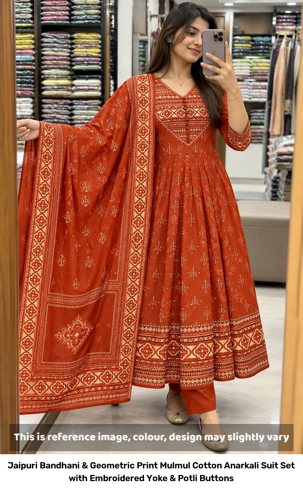 Jaipuri Bandhani & Geometric Print Mulmul Cotton Anarkali Suit Set with Embroidered Yoke & Potli Buttons 7