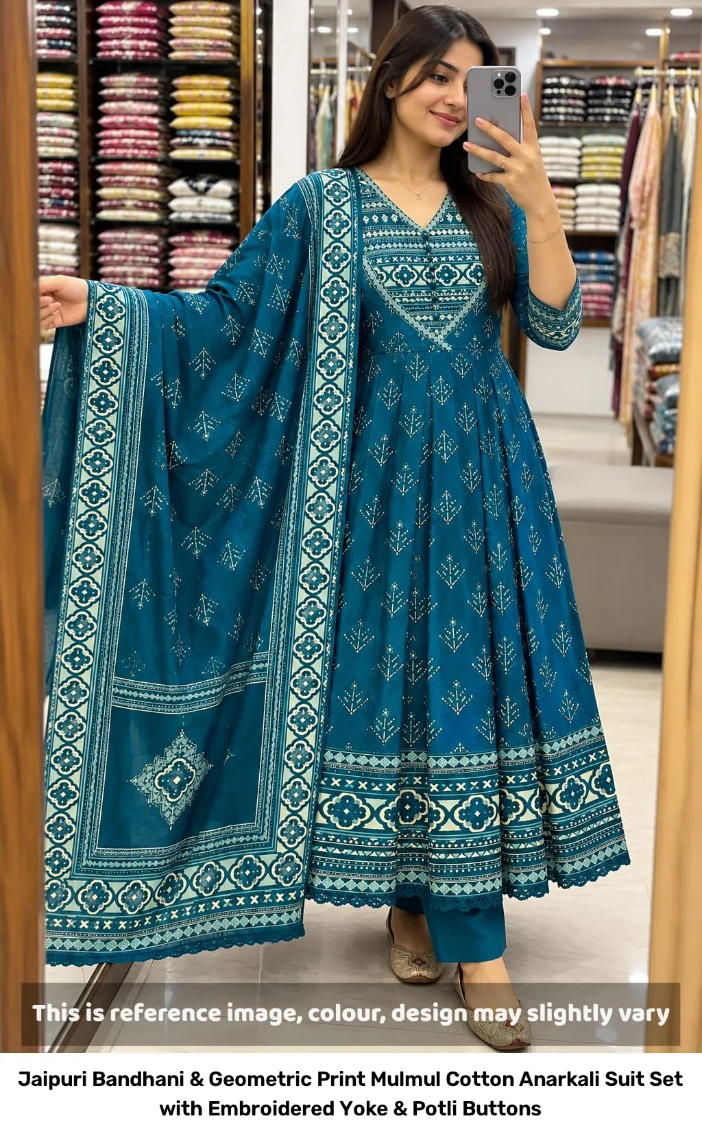Jaipuri Bandhani & Geometric Print Mulmul Cotton Anarkali Suit Set with Embroidered Yoke & Potli Buttons 8