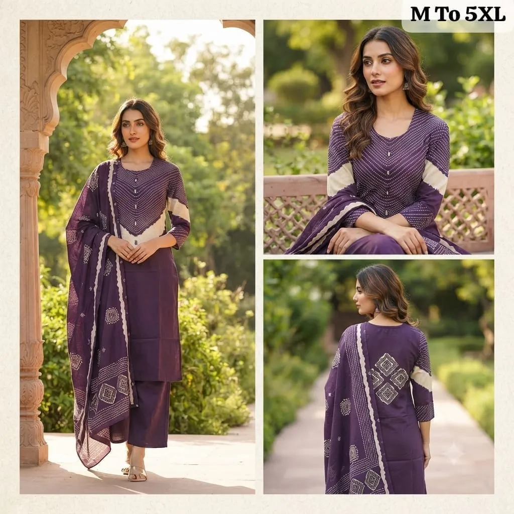 Jaipuri Bandhani Print Dabu Cotton Kurti with Palazzo & Dupatta Set | Mirror & Sequence Work Suit (Sizes M–5XL)