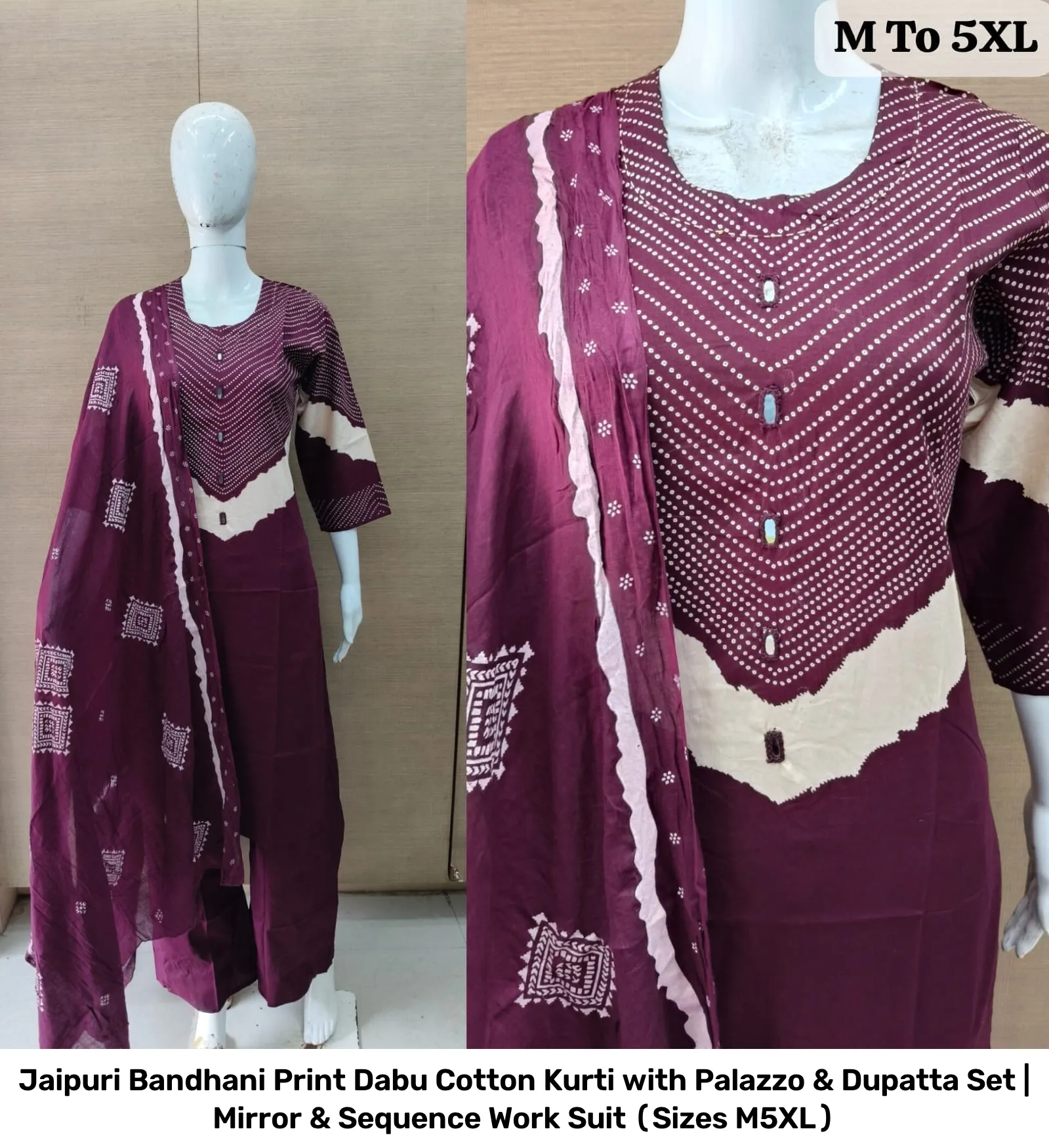 Jaipuri Bandhani Print Dabu Cotton Kurti with Palazzo & Dupatta Set | Mirror & Sequence Work Suit (Sizes M–5XL) 10