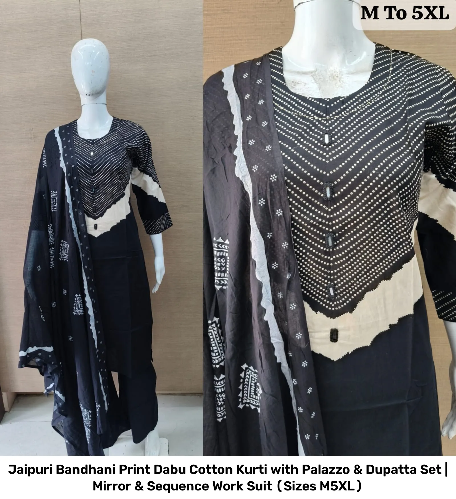 Jaipuri Bandhani Print Dabu Cotton Kurti with Palazzo & Dupatta Set | Mirror & Sequence Work Suit (Sizes M–5XL) 11