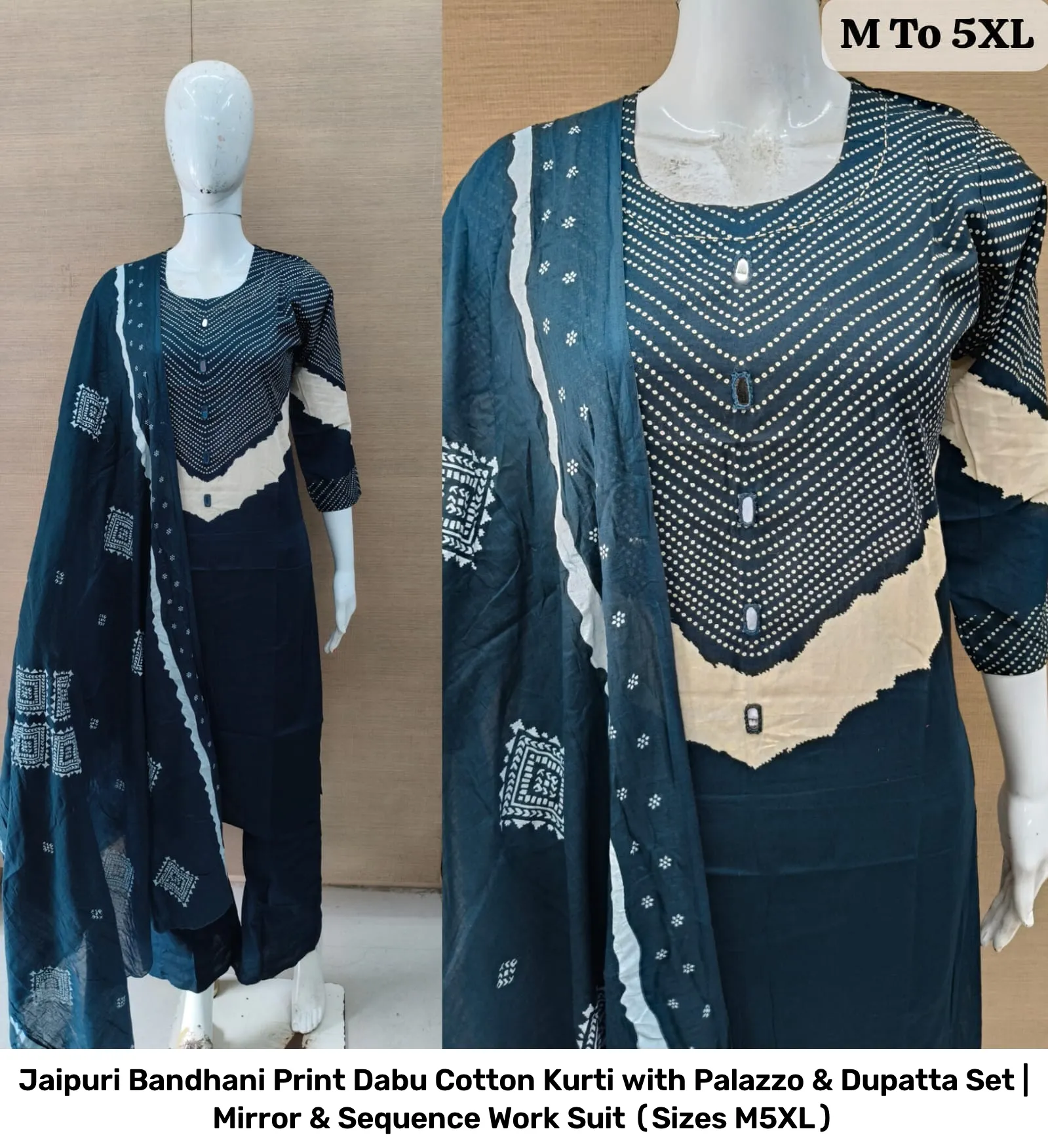 Jaipuri Bandhani Print Dabu Cotton Kurti with Palazzo & Dupatta Set | Mirror & Sequence Work Suit (Sizes M–5XL) 2